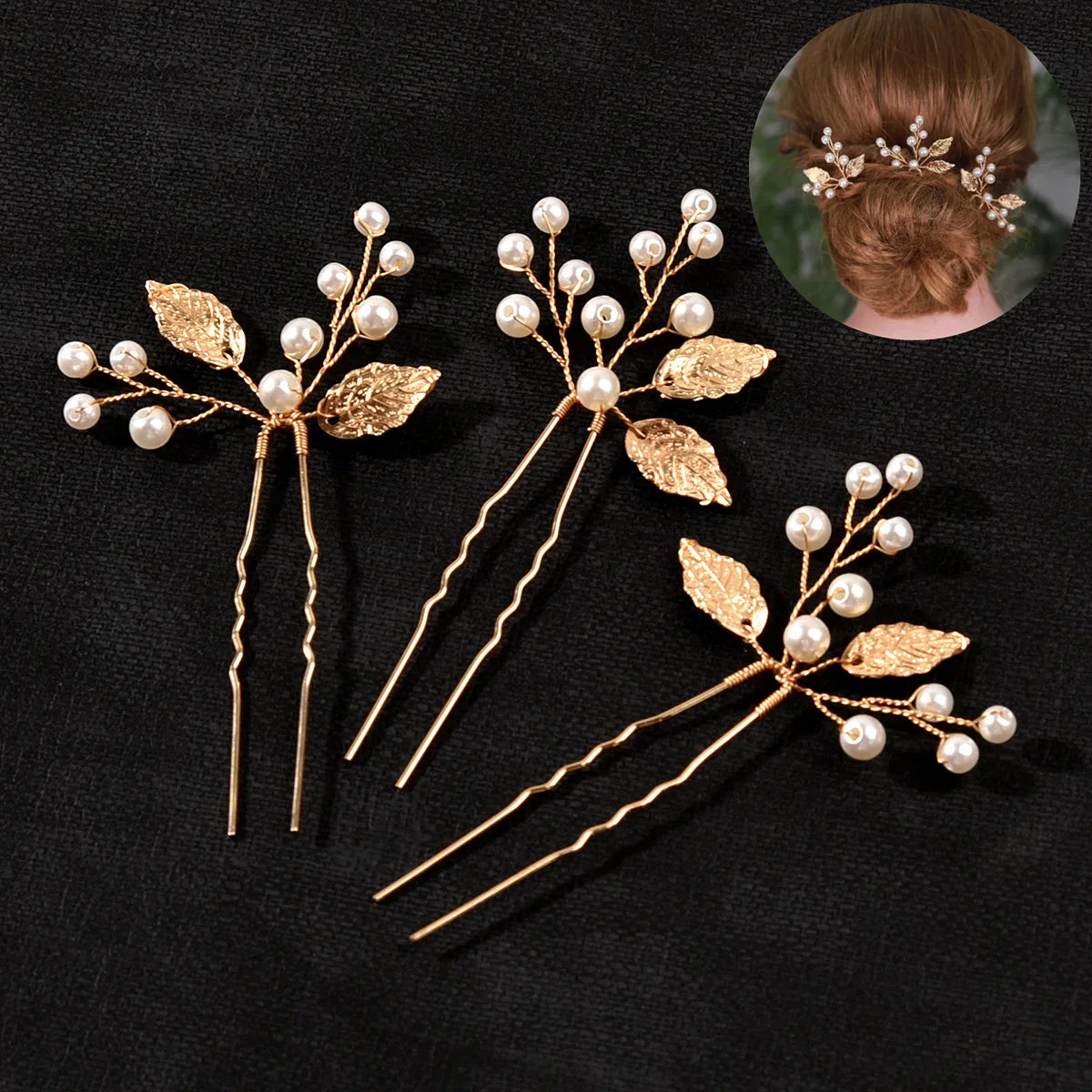 Pearl Flower Hairpin Side Comb Golden Leaf Shaped Alloy Tiaras Wedding Bride Insert Hair Clips Hair Jewelry Bride Headwear