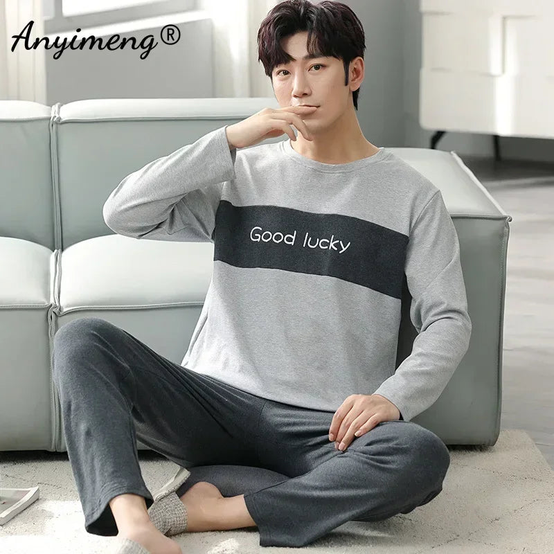 Big Size Autumn New Mens Casual Pajamas Set Cotton Long Sleeve Kawaii Bear Cartoon Printing Sleepwear for Men Pijama for Boy