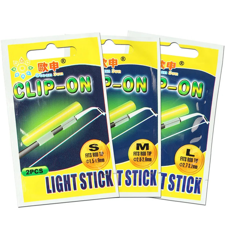 100pcs SS/S/M/L/XL/XXL Fluorescent Light stick 2 in 1 Snap Clip On Fishing Rod Tip Glow Stick Night Fishing Tackle 00074