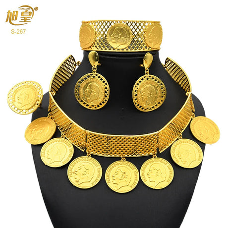 African 24K Gold Color Coins Necklace Bracelet Sets For Women Dubai Luxury Choker Designed For Women Wedding Party Jewelry Gift