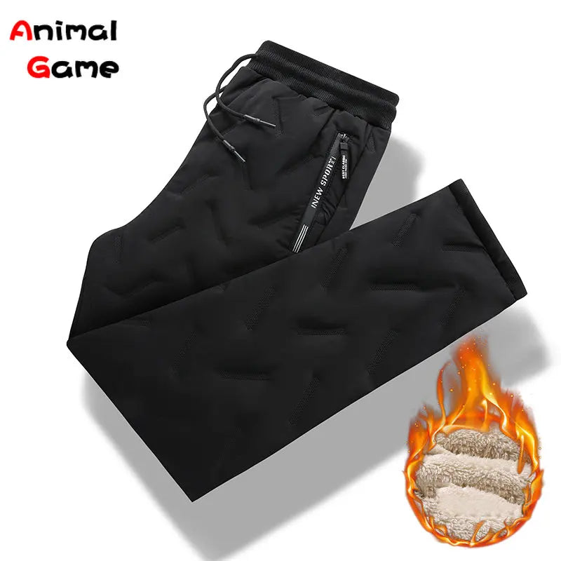 Winter Zip Pockets Thicken Fleece Sweatpants Men Jogger Black  Down Sport Warm Pants Male Water Proof Thermal Trousers