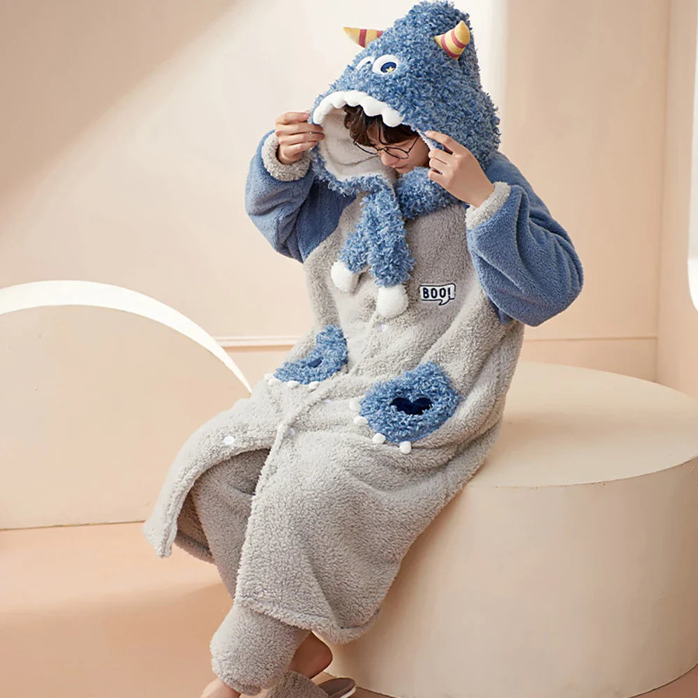 2PCS Hooded Sleepwear Thicken Warm Plush Flannel Robe Set Winter Pajamas for Couples Soft Pajama Man Cartoon Sleeping Bathrobe