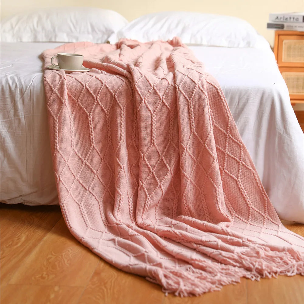 Textured Knitted Throw Blankets with Tassels Cozy Woven Decorative Boho Bed Blanket for Sofa Bed Chair Pattern for All Seasons