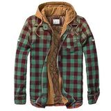 Men's Quilted Lined Button Down Plaid Shirt Add Velvet To Keep Warm Jacket With Hood