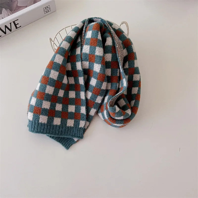 deer jonmi Korean Style New Winter Children Knitted Scarves Plaid Printed Retro All-match Toddlers Kids Warm Shawl