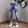 Fashion Streetwear Men Jeans Retro Black Blue Elastic Slim Fit Ripped Jeans Men Spliced Designer Embroidery Hip Hop Denim Pants