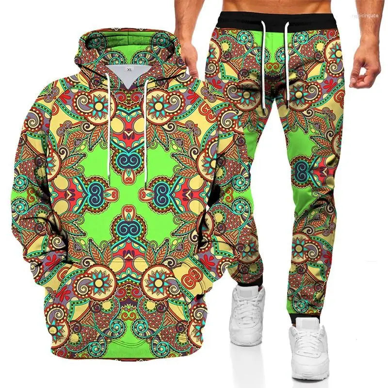 Men's Tracksuits Fashionable Hoodie Sports Suit 3D Geometric Graphic Printed Casual Loose Long Sleeve Pants Set 2 Pieces