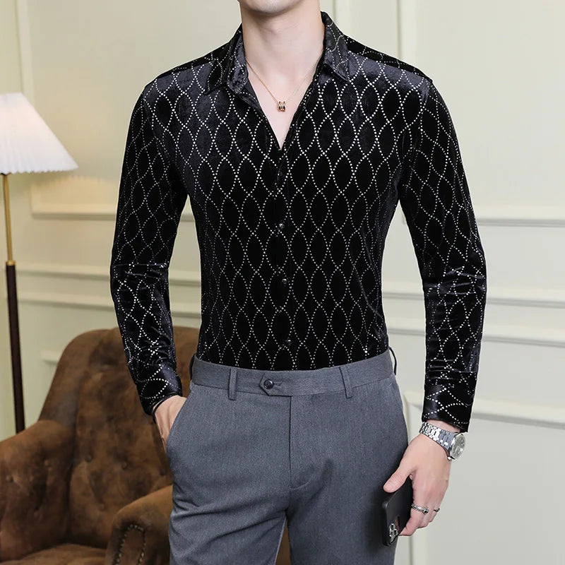 Men's Shirts Autumn Winter Luxury Velvet Social Shirt For Men Clothing 2024 Slim Fit Elegant Formal Grid Shirt Dress Long Sleeve