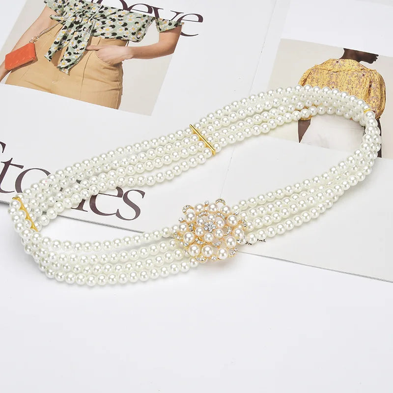 New Ladies Pearl Waist Chain Rhinestone Pearl Decorative Belt Fashion Sweet Dress Elastic Elastic Belt Women’s Designer Belts