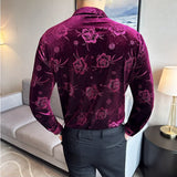 Men's Autumn Winter Velvet Flower Shirt New Luxury Printed Long Sleeved Casual Business Dress Shirts Formal Social Party Tuxedo