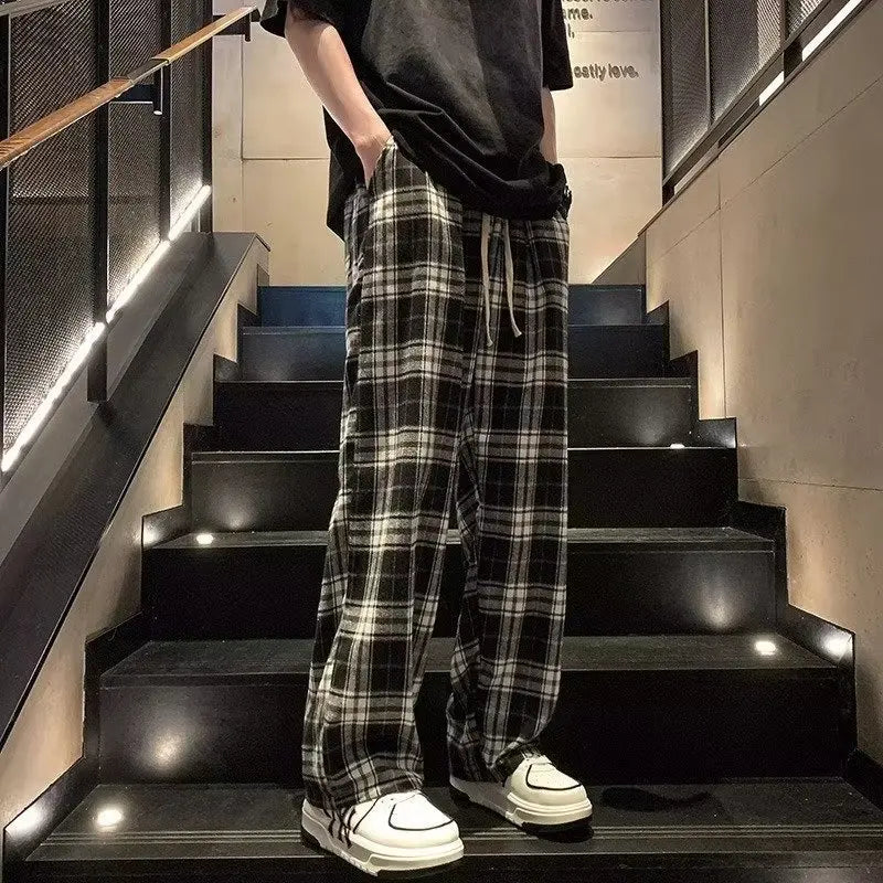 Men Checkered Casual Pants Loose Straight Corduroy Pants Sweatpants Man Fashion Streetwear 2023 Spring New Hip Hop Trousers