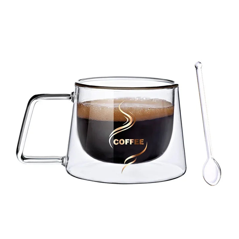 2023 New Simplicity Glass Cup Coffee Drinkware Insulation Double Wall Glass Cup Spoon Gifts Hot  European Style Transparent Mugs