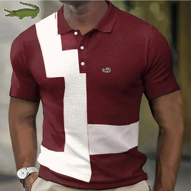 embroidery men's POLO Spring and Autumn short sleeve shirt new small plaid mixed cotton men's zipper lapel T-shirt men's casual