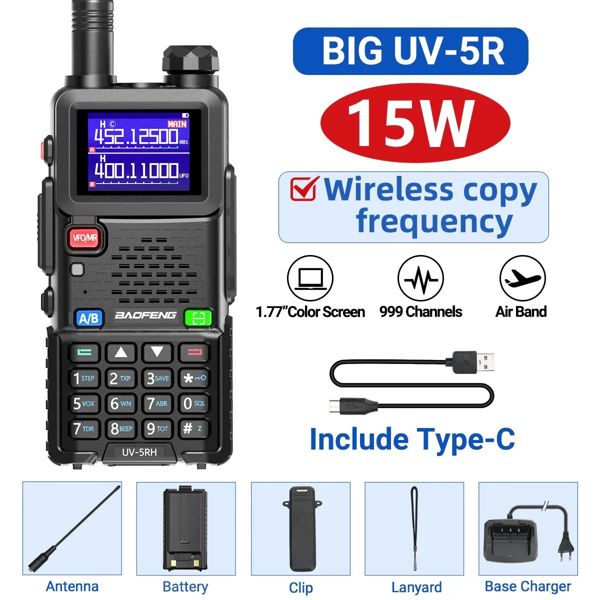 UV-5RH Pro Max 15W Air Band Walkie Talkie Wirless Copy Frequency Tri Power Type-C NOAA Long Range Baofeng 5RM Ham Two Way Radio