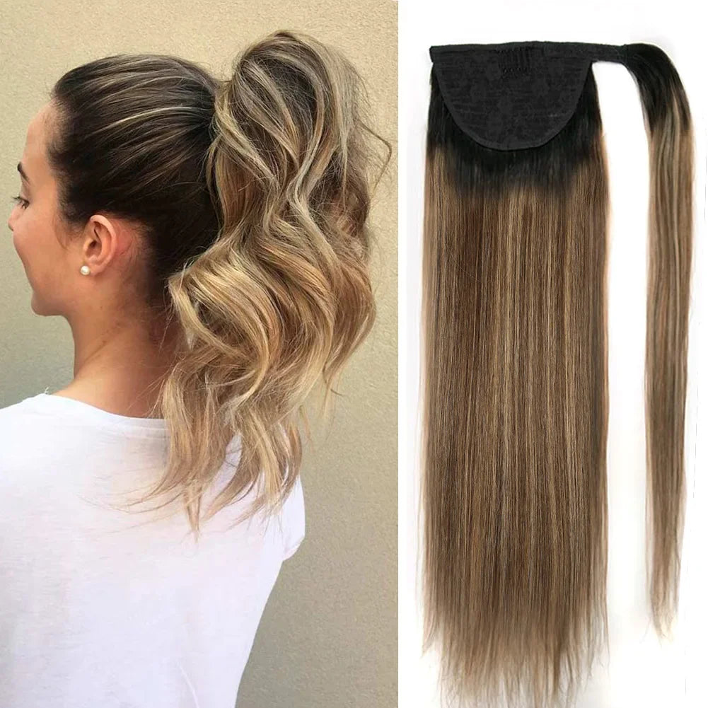 Real Beauty Straight Human Hair Magic Tie Ponytail 100% Remy Human Hair Wrap Around Ponytails Extension for Black Women