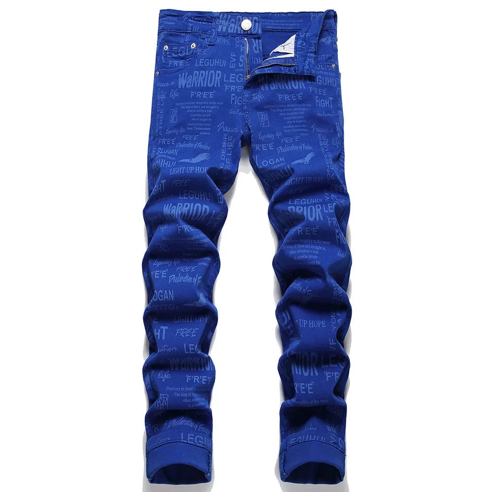 Rock punk style design Men Blue Printed Jeans Letters Slogan Eagle Stretch Denim Pants Streetwear Slim Tapered Trousers jeans