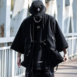 2023 Ribbon Hip Hop Punk Techwear Kimono Oversized Shirts Mens Japan Style Harajuku Casual Cargo Shirt Cloak