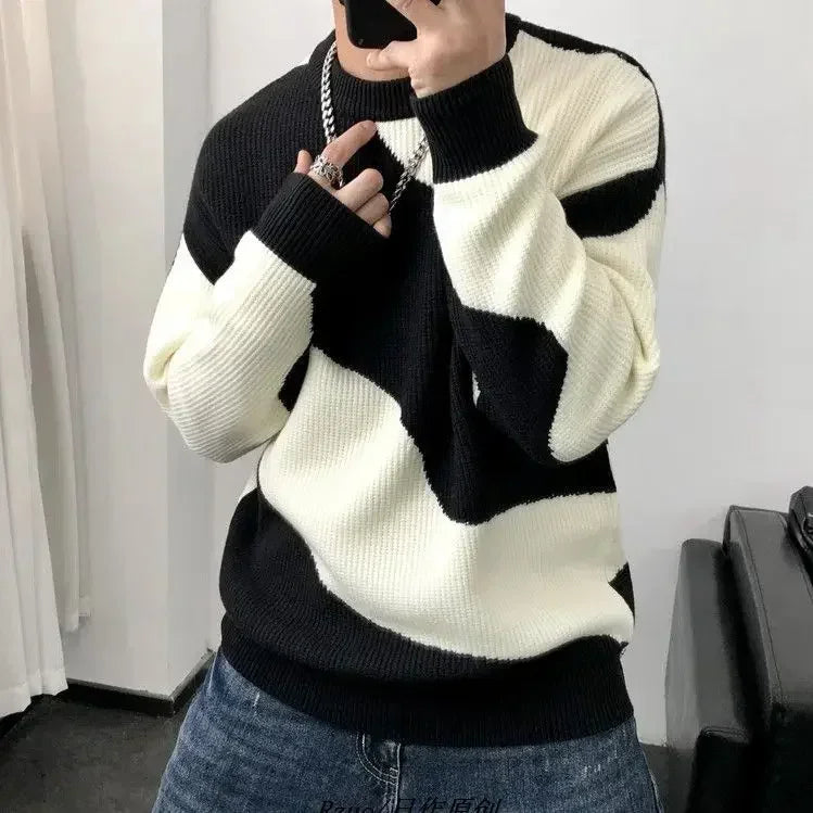 Knitted Sweaters for Men Black Spliced Pullovers Man Clothes No Hoodie Crewneck Round Collar A Over Fit Knit Spring Autumn Warm