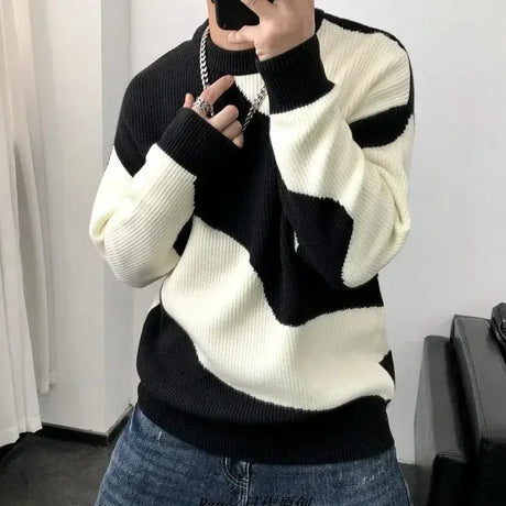 Knitted Sweaters for Men Black Spliced Pullovers Man Clothes No Hoodie Crewneck Round Collar A Over Fit Knit Spring Autumn Warm