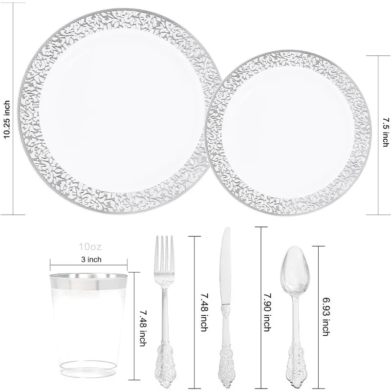 150PCS Silver Plastic Plates, Disposable Silverware & Plastic Silver Cups, Silver Rim Plastic Tableware include 25 Dinner Plates