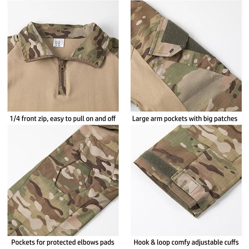 Men's Camouflage Tactical Shirt Long Sleeve Soldiers Army Combat T Shirt Cotton Camo Military Uniform Airsoft Shirts