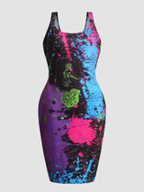 LW Plus Size Splash Ink Bodycon Cami Dress U Neck Bodycon Sexy Slim Mini Dress Sleeveless Tank Top Casual Style