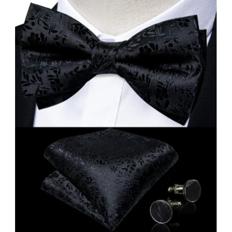 Classic Black Men's Bow Tie Butterfly Pocket Square Cufflinks Set With Suit For Wedding Accessories Classic Jewelry 2023