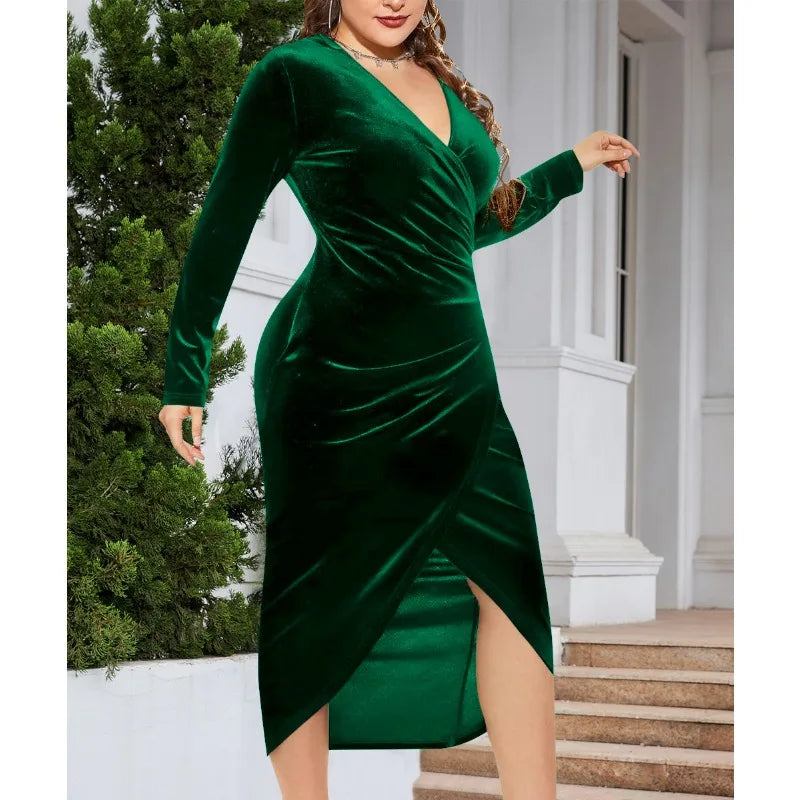 Plus Size Elegant Long Sleeve Velvet Skinny Dress Midi Red Sexy Pleated V-Neck Party Cocktail Dress Nightclub Casual Apparel