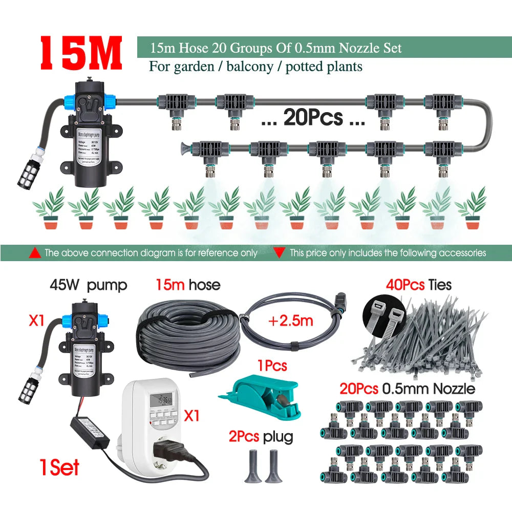 0.5MM Adjustable Spray Nozzle Automatic Irrigation Equipment 45W Pump Timer Fogging Kit for Garden Plants Misting Cooling System