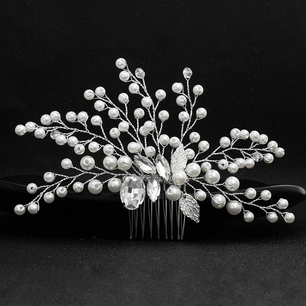 Silver Color Flower Hair Comb Clip Girls Handmade Alloy Pearl Hairpin Bridal Tiaras Wedding Hair Accessory Crystal Hair Jewelry