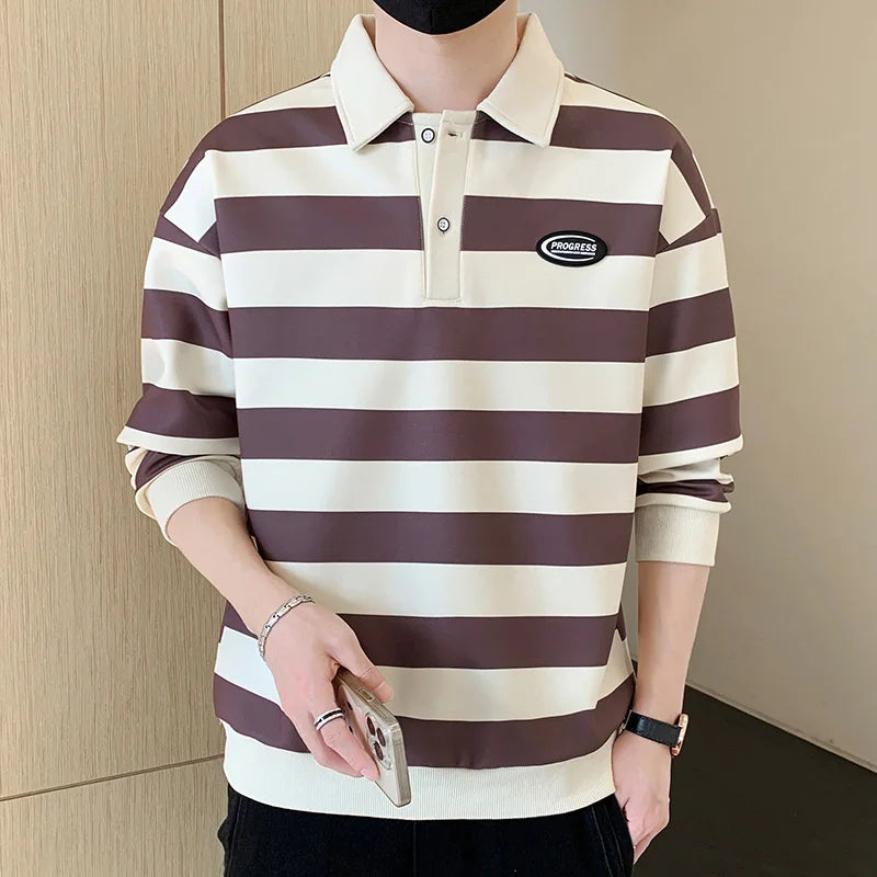 Commute Basic Striped T-shirts Spring Autumn Polo-Neck Button Men's Clothing Long Sleeve Korean Patch Designs Loose Polo Shirts