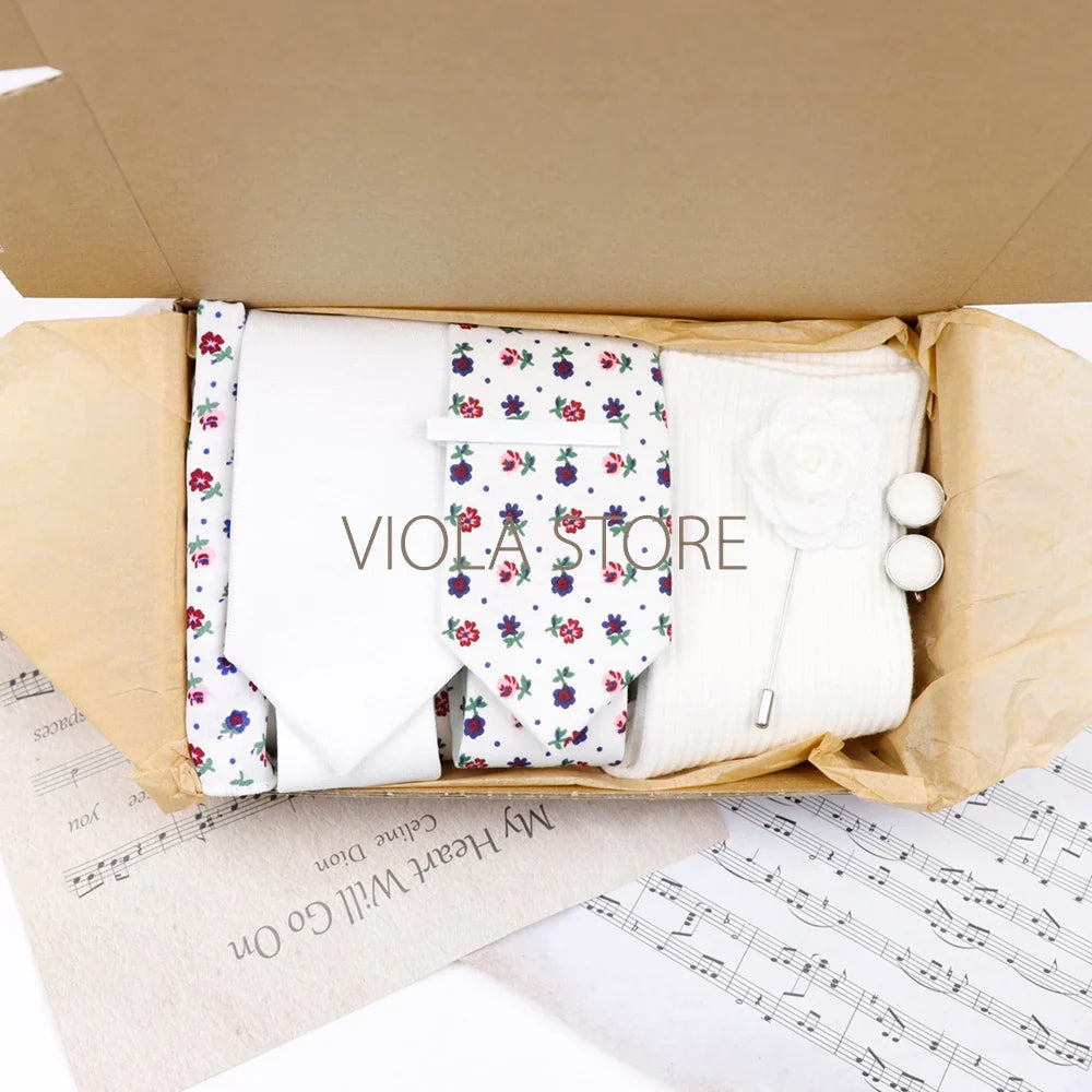 Viola Design Gift Box Hot Solid Floral Cotton Sock Necktie Set Clip Cufflinks Pin Hanky Men Wedding Party Daily Cravat Accessory