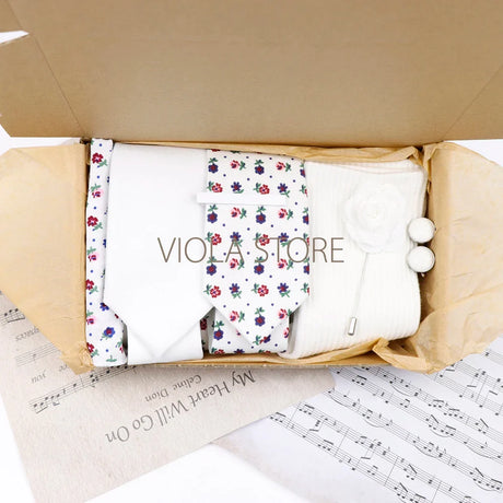 Viola Design Gift Box Hot Solid Floral Cotton Sock Necktie Set Clip Cufflinks Pin Hanky Men Wedding Party Daily Cravat Accessory