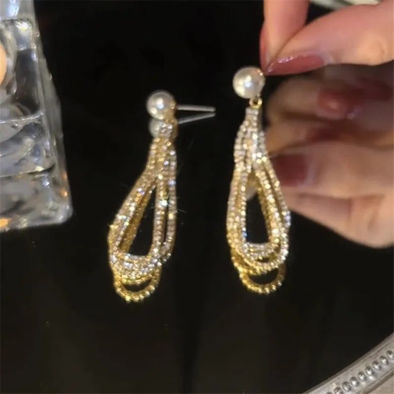 2023 New Fashion Trend Unique Design Elegant Delicate Zircon Tassel Pearl Earrings Women Jewelry Party Premium Gifts Wholesale