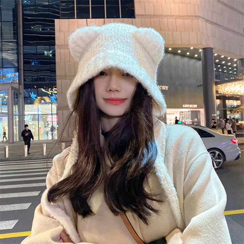 Autumn Winter Korea Balaclava Hats For Women Men Knitted Warm Hooded Beanie One Piece Scarf Cap Outdoor Ear Protection Hat Y2k