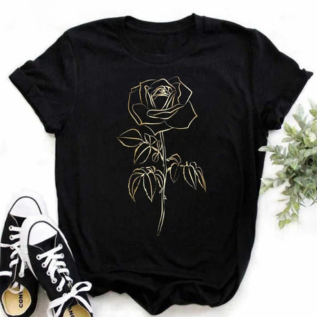 Plus Size Maycaur New Fashion Gold Rose Print Women T Shirt Harajuku Short Sleeves Tshirts Casual O-neck Top Tee Black T-shirt