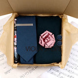 Viola Design 6PCS Gift Box Floral Solid Cotton Sock Tie Sets Clip Pin Cufflinks Hankie Men Wedding Party Daily Cravat Accessory