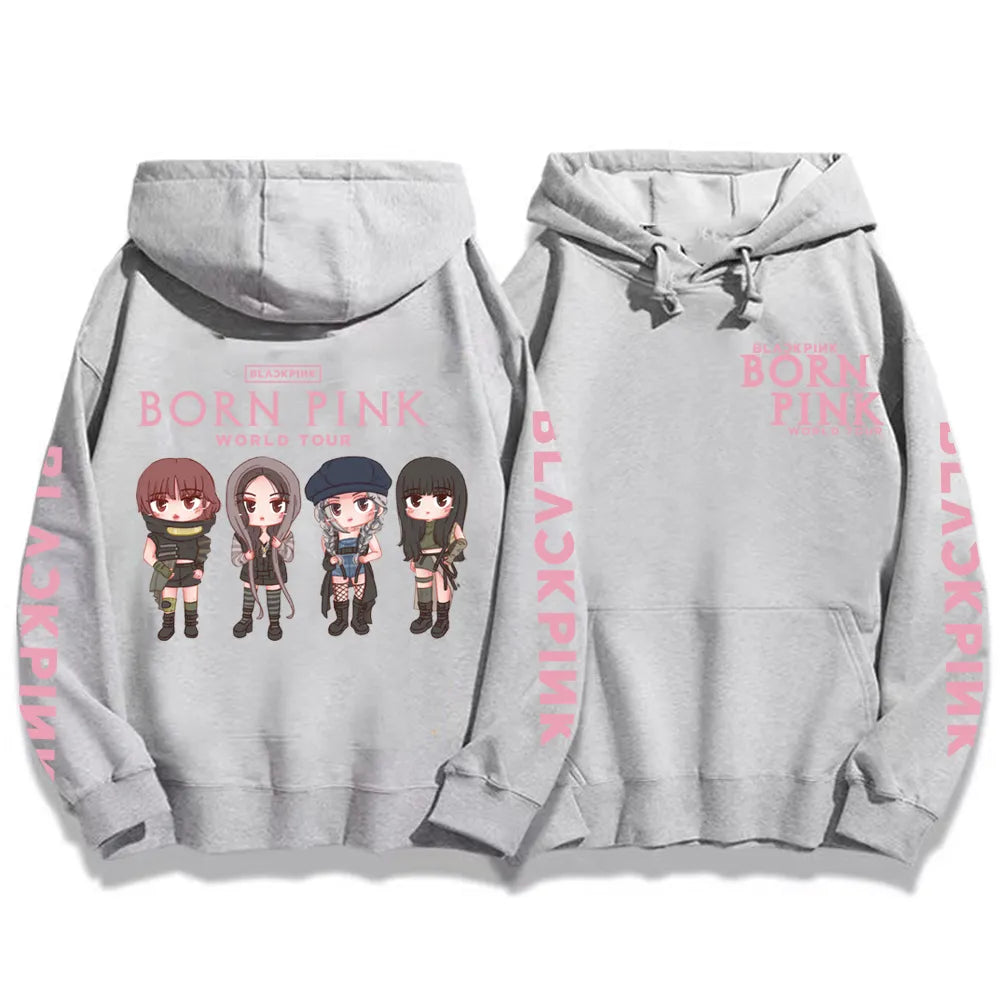 Kpop Born Pink Sweatshirts y2k Cute Graphic Printed Pullovers Long Sleeve Winter Casual Warm Hooded Tops Women Girls Hoodies