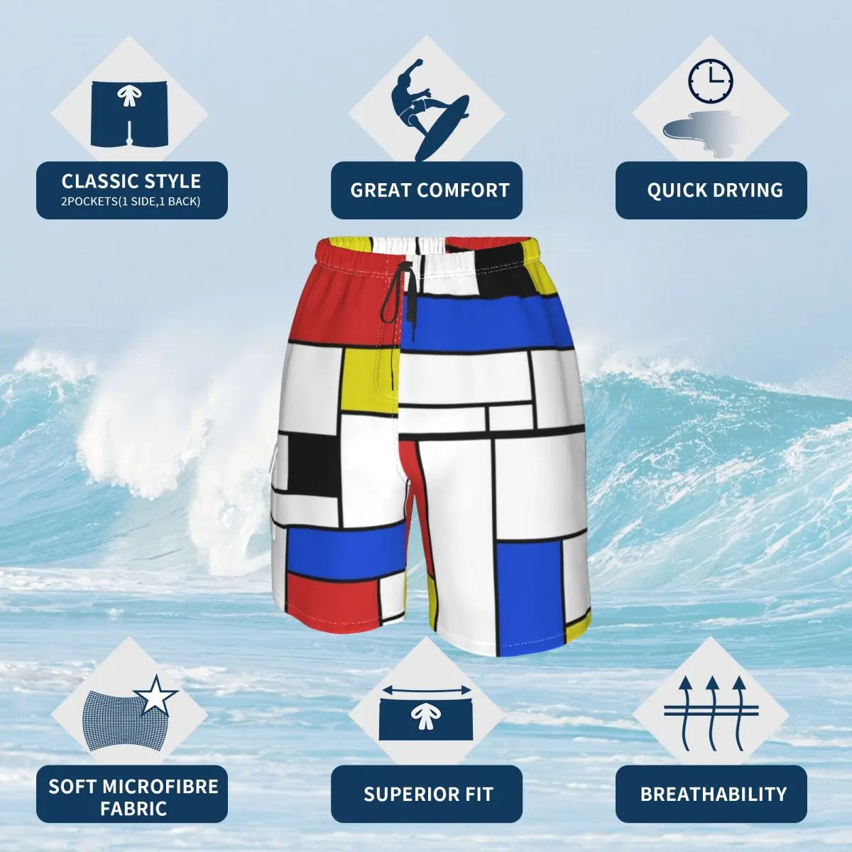 Mondrian Line Board Shorts Colorful Plaid Board Short Pants Hot Men Comfortable Print Swim Trunks Big Size