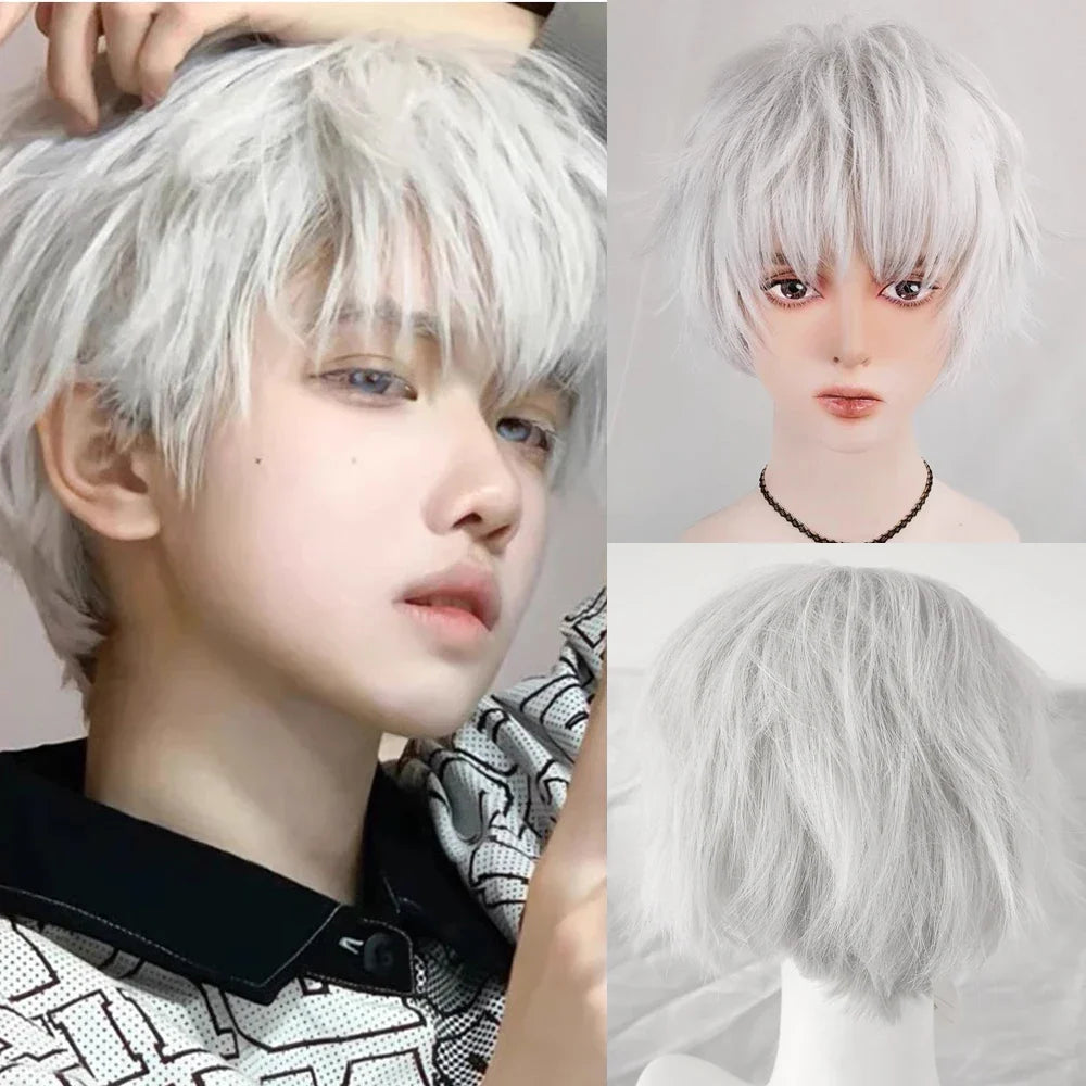 RANYU Synthetic Short Silver White Straight Curly Wigs Anime Men Cosplay Natural Hair Heat Resistant Wig for Daily Party