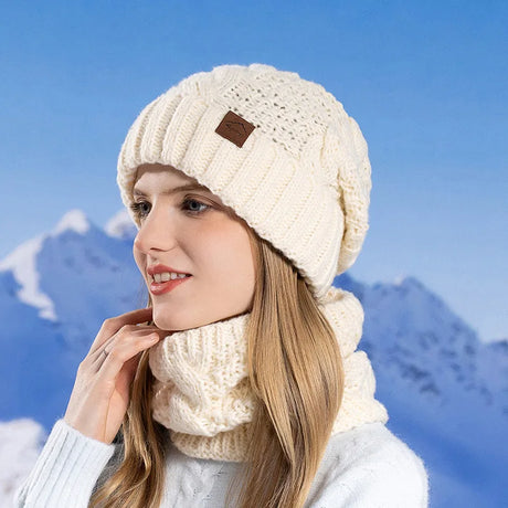 Women Fashion Winter Knitted Hat Scarf Set Fleece Lined Neck Warm Skullies Beanies Female Outdoor Thick Windproof Snow Ski Cap