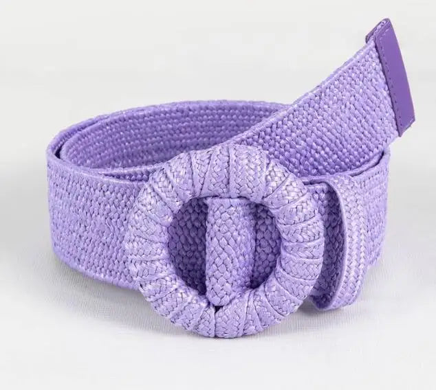 Bohemian Style Hand-woven Black and White Round Buckle Women Belts Designer Woven Elastic PP Straw Grass Girls Waistband