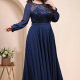 Plus Size Elegant Dress Round Neck Chiffon Mesh Sequins Long Sleeve Evening Gowns Large Fashion Party Wedding Bridesmaid Dresses