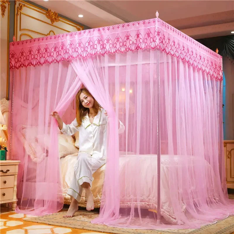 Embroidery Lace Pleated Mosquito Net for Bed Square Romantic Princess Queen Size Double Bed Net Canopy Luxury Mosquito Tent Mesh