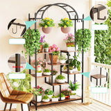 5-Tier Tall Indoor Plant Stand, 74.8'' Arched Metal Flower Shelf with Hanging Hooks, Large Bonsai Pots Display Rack for Garden