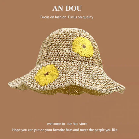 Spring Summer Korean Sweet Big Brim Straw Sun Hat Women Seaside Sunshade Sunscreen Straw Bucket Hat Basin Hat