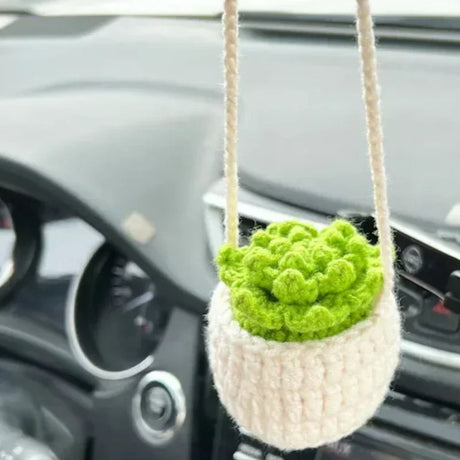 NEW Cute Potted Plants Crochet Car Basket,Hanging Plant Crochet for Car Decor,Car Ornament Rear View Mirror Hanging Accessories