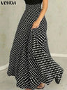 Plus Size VONDA Women High Waist Long Skirts Autumn Elegant Dot Point Printed Maxi Skirts Casual Loose Pleated Bohemian Bottoms