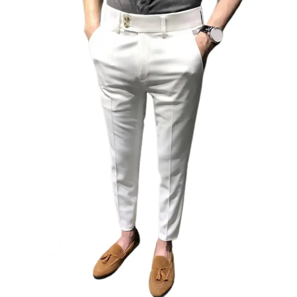 Trendy Men Ninth Pants Slim Fit Ninth Trousers Office Pockets Wear-resistant Zip Up Ninth Suit Pants