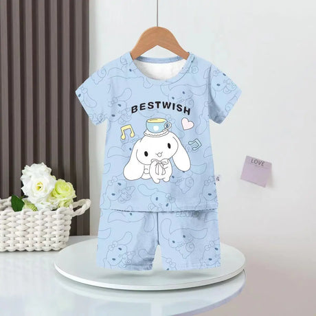 Anime Summer Kids Ice Silk Pajamas Kawaii MyMelodys Kuromis Cinnamorolls Cartoon Short Sleeve Cardigan Loungewear Set